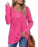 WIHOLL Pullover Damen Tshirt Quadratischer Ausschnitt Langarmshirt Locker Elegant Pulli Strickpullover Rosa L