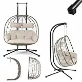 Juskys Doppelhängesessel Aria - Polyrattan Hängesessel mit Gestell & Kissen - Schaukel für Zwei Personen - Outdoor Indoor Sessel - XXL Korb Beige