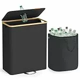 SONGMICS Pfandflaschen-Sammelbehälter, 135 L Pfandflaschen-Behälter, Flaschensammler Leergut, Recycling-Behälter, mit Loch, Deckel, Innensack mit Griffen, Küche, tintenschwarz-naturbeige RRB513B01