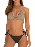 CUPSHE Damen Bikini Set V Ausschnitt Neckholder Triangel Low Waist Lace Up Bikini Texturierte Bademode Zweiteiliger Badeanzug Swimsuit Sand/Dunkelbraun L