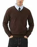 Kallspin Herren V-Ausschnitt Langarm Pullover 100% Baumwolle Leichtgewicht Pullover Casual Business Solid Pullover(Braun, L)