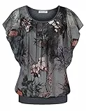 BAISHENGGT Damen Sommer Netz Bluse Flatter Kurzarm Tshirt Rundkragen Falten Elegant Oberteile Top Blusen Grau-Muster XL