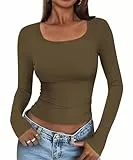 Cuptacc Tops Für Damen Basic Eng Dünne Langarmshirts Damen 2025 Fashion Konvertierbar Tshirts Frühling Bequem Eckiger Ausschnitt Oberteile Skims Kaffeegrau M