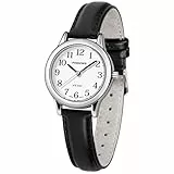 PINDOWS Minimalistische Uhren für Damen, Goldton-Gehäuse mit schwarzem Lederarmband, Modisch, Elegante Quarz-Analoguhr für den täglichen Gebrauch