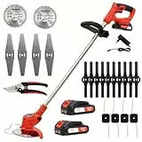 OUTIGO Akku Rasentrimmer mit Akku, Rasenkantenschneider mit 2 Akkus 21V und 4 Messertypen+1 Gartenschere, Verstellbarer Teleskop-Führungsholm Desbrozadoraeléctrico inalámbrico
