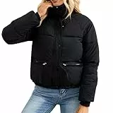 OBEEII Damen Puffer Jacke Kurz Winterjacke Winter Warm Steppjacke Gesteppte Dicke Daunenjacke Mode Cropped Zip Up Stehkragen Puffer Mantel Schwarz M