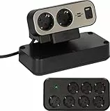 brennenstuhl®estilo Duplex Tischsteckdosenleiste mit Schalter und Überspannungsschutz (Steckdosenleiste mit USB C Power Delivery, 1x USB C und 1x USB A, 9x Schutzkontakt-Steckdosen, 2m) silber/schwarz