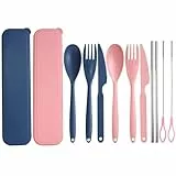Jiayaus 12 Stück Reisebesteck, 24cm Großformat Tragbare Camping Besteck mit Etui, Plastikbesteck Set mit 4 Strohhalme und Strohhalmbürsten, Campingbesteck für Haus, Büro, Schule tableware