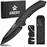 GREIFS® Klappmesser G1 (Zweihandmesser) Messer mit Tasche, Outdoor & Survival Taschenmesser, Überlebensmesser, Jagdmesser (G1+Messerschärfer, Black)