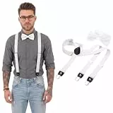 DonDon Hosenträger und Fliege Set für Damen und Herren, Y-Form, 2,5 cm breit, handgefertigt - Elegantes Accessoire für Hochzeit, Party, Smoking, Weiß