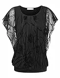 BAISHENGGT Damen Sommer Netz Bluse Flatter Kurzarm Tshirt Rundkragen Falten Elegant Oberteile Top Blusen Schwarz-Tulpe XXL