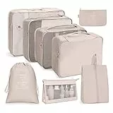 OSDUE Koffer Organizer Set 8-teilig, Packing Cubes, Wasserdichte Reise Kleidertaschen, Packtaschen für koffer, Verpackungswürfel mit Kosmetiktasche, Schuhbeutel, USB Kabel Tasche (Beige)