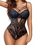 Avidlove Korsett Oberteil Einteiler Damen Body Sexy Reizwäsche Netz Dessous Spitze Unterwäsche Schwarz Gold Star XL