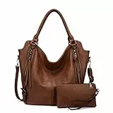 Realer Damen Handtaschen Groß Shopper Lederhandtasche Schultertasche Umhängetasche Geldbörse Hobo Damen Taschen Set für Büro Schule Einkauf Reise 2pcs Braun