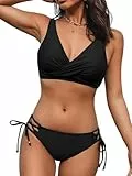 CUPSHE Damen Bikini Set V Ausschnitt Crossover Lace Up Tank Low Waist Bademode Zweiteiliger Badeanzug Swimsuit Reines Schwarz L
