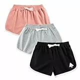 Rolanko Mädchen Gym Kurze Hose, Baumwolle Sommer Heiß Kurze Running Hosen, Kinder aktive Sport Bekleidung zum Tanzen und Yoga, 3 Packungen (Rosa Grau Schwarz, Größe:150, 10-11 Jahre)