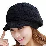 WKTRSM Winter Strickmütze Schirmmütze Damen Wintermütze Beanie Mütze Hüte Mützen Caps Gestrickte Baseballmütze Warme Wool Mütze (Schwarz)