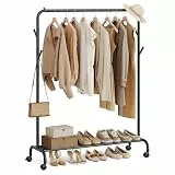 SONGMICS Kleiderständer auf Rollen, Kleiderstange, Garderobenstange, Garderobenständer aus Stahlrohren, bis 50 kg belastbar, 103,5 cm breit, multifunktionale Aufbewahrung, schwarz HSR131B01