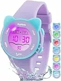 Ayybboo Kinderuhr Mädchen Jungen,7 Farblichter Armbanduhr Kinder mit Katzenmotiv,3 ATM Wasserdicht Digitaluhr Kinder für 4-12 Jahre Weihnachten Einschulung Geschenke (Lila)