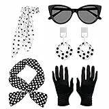 QEEQPF 5 Stück 1950er Jahre Damen Kostümzubehör Chiffon Schal Stirnband Brille Handschuhe Ohrringe für Frauen Vintage Party Outfits. (Schwarz & Weiß)