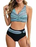 UMIPUBO Bikini Damen Set Bauchweg Große Brüste High Waist Push Up Bikinis Gekreuztem V Ausschnitt Sexy Bademode Bauchkontrolle Swimsuit Strandbikini(Schwarz-A,L)