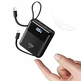 Aioneus Mini PowerBank, 10000mAh Power Bank mit Integriertem USB-C & Lightning Kabel, Minigröße Externer Akku 22.5W USB-C In&Out, Klein Aber Stark für iPhone 17 16 15 14 13 12 11 Samsung Xiaomi iPad