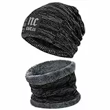 Bequemer Laden 2 Stücke Winter Beanie Mütze Schal Set Wolle Warme Strickmütze Dicke Fleecefutter Wintermütze & Schal für Herren und Damen, 2-Schwarz, Einheitsgröße