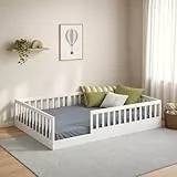 CADANI Timi Kinderbett 120x200 cm Bodenbett, Rausfallschutz abnehmbar, bis 200 kg belastbar, Roll-Lattenrost, Montessori Kiefer Massivholz Bett, 3 Aufbauvarianten, Umbaubar, Weiß