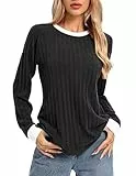 Kate Kasin Damen Sommer Casual Rundhalsausschnitt T Shirt Leicht Langarm Tops Schwarz M
