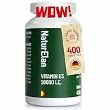 Vitamin D3 20000 I.E. Hochdosiert – 400 Tabletten im Jahresvorrat, Sonnenvitamin für Immunsystem, Vegetarisch, In Deutschland Produziert