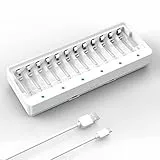 12 Fach Akku Ladegerät AA AAA, Dlyfull Batterieladegerät für AA AAA NI-MH NI-CD Akkus mit Type C und Micro USB Eingangsport, Schnelle Akkuladegerät mit LED Anzeige für Wiederaufladbar Batterien