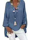Tincini Leinenbluse Damen Bluse Sommer Tunika V-Ausschnitt Longbluse Große Größen Leinenhemd Blusenshirt Langarmshirt Leinen Baumwolle Hemd Oberteile Shirt (Dunkelblau, L)