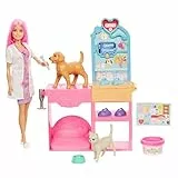 Barbie Gute Besserung Tierkrankenstation-Spielset aus Modepuppe mit rosa gefärbten Haaren, Tierarzt-Möbeln und mehr als 10 Zubehörteilen, einschließlich Förmchen und Knete zum Bandagieren, JFX93
