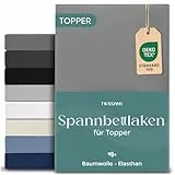 Twinzen Topper Spannbettlaken 200x200 cm Premium, Baumwolle mit 5% Elastan, 250gsm - 18cm Matratzenauflage - Grau - Oeko-Tex