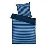 TOM TAILOR Renforcé-Bettwäsche, 80x80 cm + 155x220 cm, 100% Baumwolle/ Renforcé, mit Wendemotiv und farbigem Markenreißverschluss, MEDIUM STRIPES Blau (Dark Navy & Cool Blue)