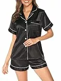 Vlazom Damen Satin Schlafanzug Kurzarm Satin Pyjama Set mit Knopfleiste Zweiteiliger Hausanzug（S,Schwarz）