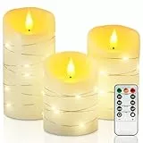 Homemory Flammenlose EchtesWachsKerzen mit Lichterkette, Eingebettete Lichterkette LED-Kerzen, Elektrische Flackerkerzen mit Fernbedienung und Timer, Elfenbeinweiß, 3er-Set