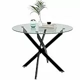 GOLDFAN Kleiner runder Glas-Esstisch, moderner Küchentisch mit schwarzen Metallbeinen, für Esszimmer, schwarz, 80 cm (nur Tisch)