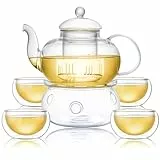 CnGlass Teekanne Glas 1 Liter mit Teesieb, Glasteekanne Herdplattensicher mit Teegläser 100ml 4er-Pack und 13,5cm Durchmesser Glas Teewärmer