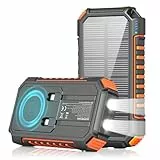 Wireless Solar Powerbank 27000mah - Riapow 22,5W Schnellladung Solar Power Bank mit 2 Kabeln & LED-Taschenlampe, USB C PD QC 3.0 Externes Akku für Telefon Tablet Camping