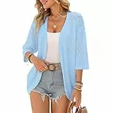 ZLIGXEA Damen Strickjacke Langärm V-Ausschnitt Strick Cardigan Pullover Offene Front 3/4 Ärmel Leichtes Strickpullover Sommer Boho Cover Up Hellblau XL