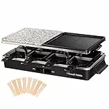 Russell Hobbs Raclette Grill 8 Personen (inkl. 8 Pfännchen & Holzspachtel,2 Tischgrill-Platten: Naturstein mit Saftrinne & antihaftbeschichtete Wendeplatte geriffelt/Teppanyaki) Pizza Grill, 26280-56