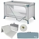 hauck Baby Reisebett Set Dream n Play Plus inkl. Matratze & Insektenschutz | faltbares Kinder Reisebett mit großem Seiteneingang und Tasche – Dusty Blue
