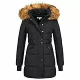 Elara Damen Steppjacke Winterjacke Kunstfellkragen Schwarz Chunkyrayan EL-JA02 Black/Natur-34 (XS)