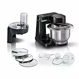 Bosch Küchenmaschine Serie 2, kleine Küchenmaschine, Edelstahl-Schüssel 3,8 L, Planetenrührwerk, Knethaken, Schlag-, Rührbesen Edelstahl, Durchlaufschnitzler, 3 Scheiben, 700 W, schwarz, MUMS2EB01