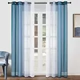 Topfinel Farbverlauf vorhänge Türkis-Weiss Gardinen Transparent mit Ösen in Leinenoptik Voile Gardinen Schals Ösenschal Fensterschal für Wohnzimmer Gardine Modern 2er Set 140x240 cm