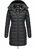 MARIKOO Damen langer Wintermantel warmer Steppmantel mit abnehmbarer Kapuze Abendsternchen Anthrazit Gr. L