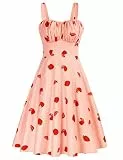 Belle Poque Damen-Midikleid, Vintage, ärmellos, einfarbig, Blumenmuster, gerüscht, Sommer, niedlich, A-Linie, fließend, schwingend, Rosa-Erdbeere, Klein
