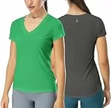 icyzone Damen T-Shirt Kurzarm V-Ausschnitt Yoga Tops Casual Sport Shirt, 2er Pack (L, Dark Grey/Green)