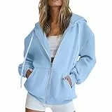 Generisch Fleecejacke Damen mit Kapuze Damen Sweatjacke Zip Hoodie Langarm Kapuzenpulli Reißverschluss Outwear Casual Hoodie Sweatshirt 02-Hellblau L